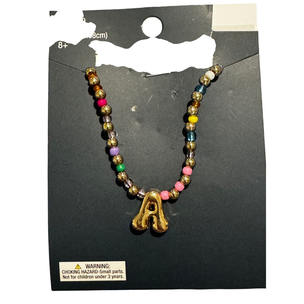 Iron Orchid Studio Beaded Initial A Necklace Gold Tone Multi Color 15in + 2in
